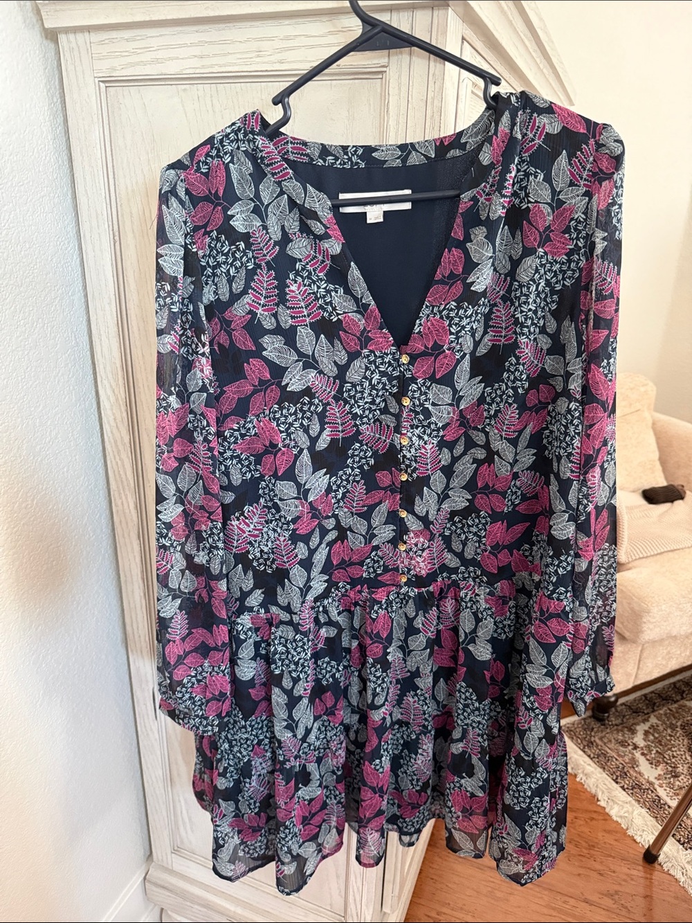 LOFT Black Dress with Pink & Gray Leaf Print